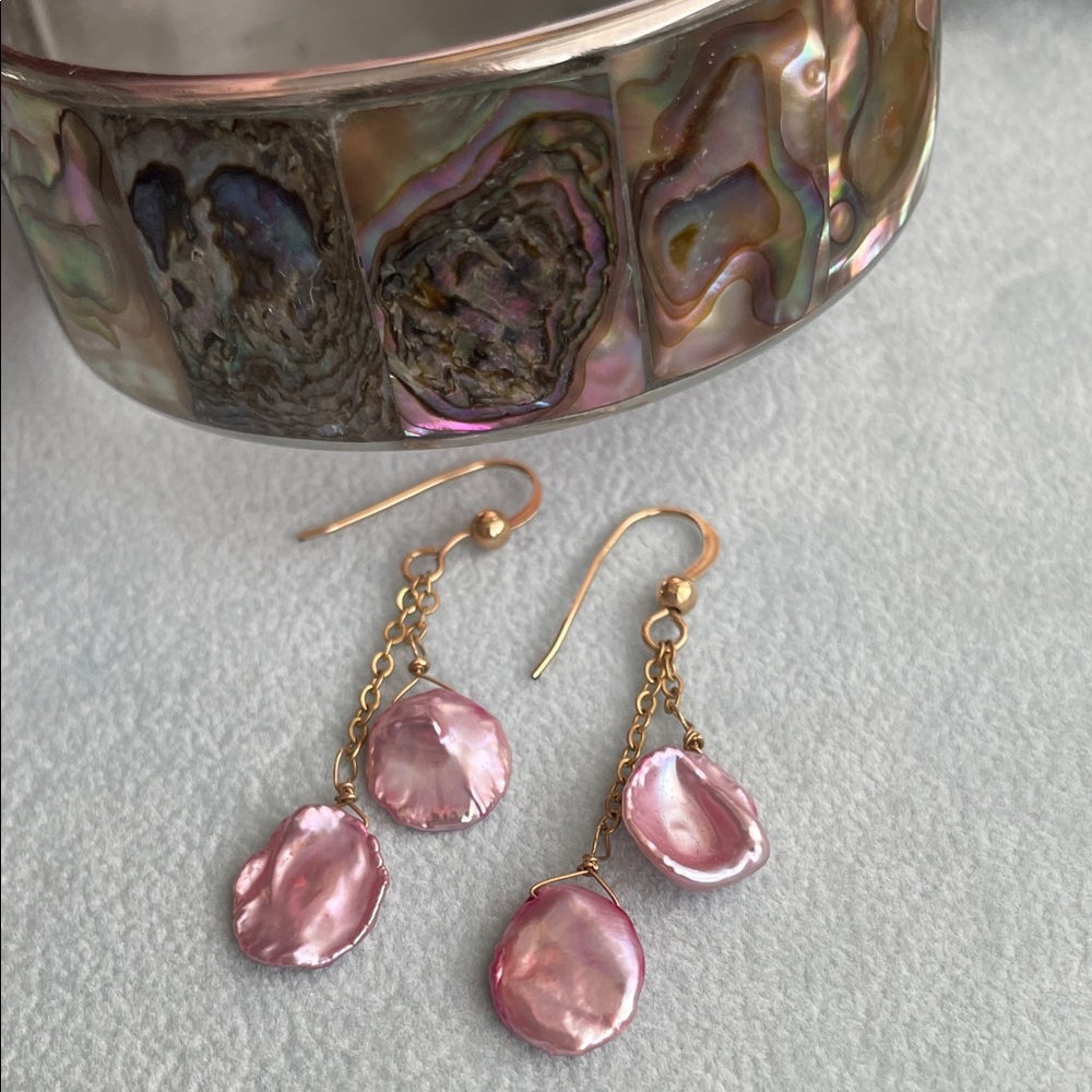 Abalone Shell Cuff Bracelet and Pink Baroque Drop Earring Set.